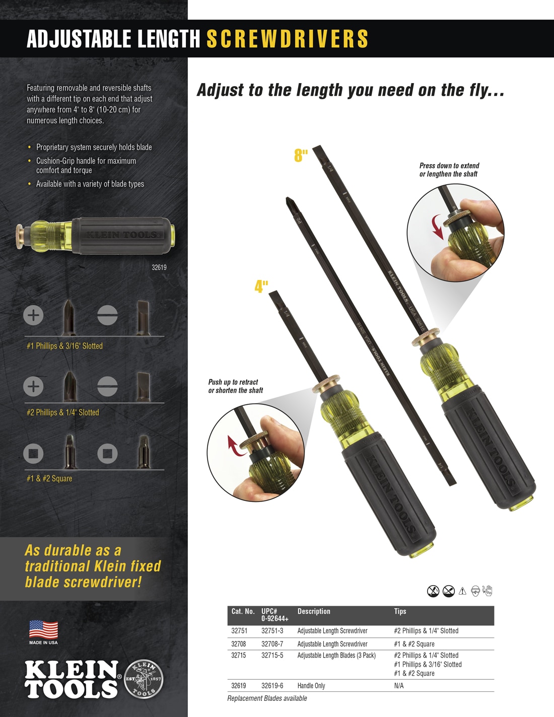 Klein Tools AdjustableLength Screwdriver Blade, Square 1, 2 32709